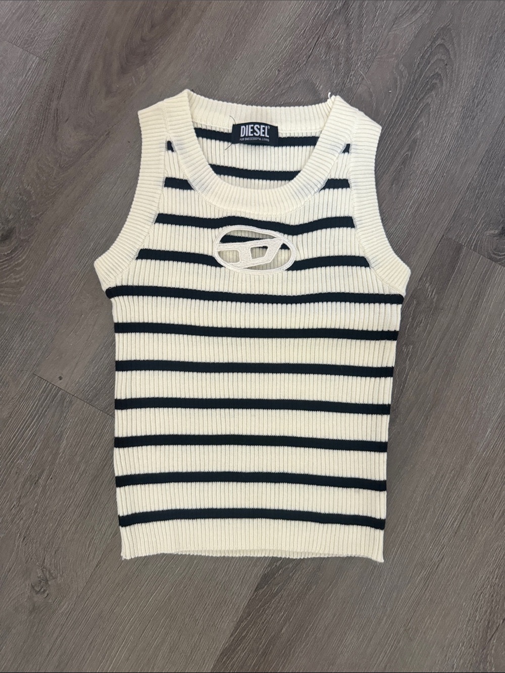 DIESEL Ivory & Black Striped Ribbed Knit Tank